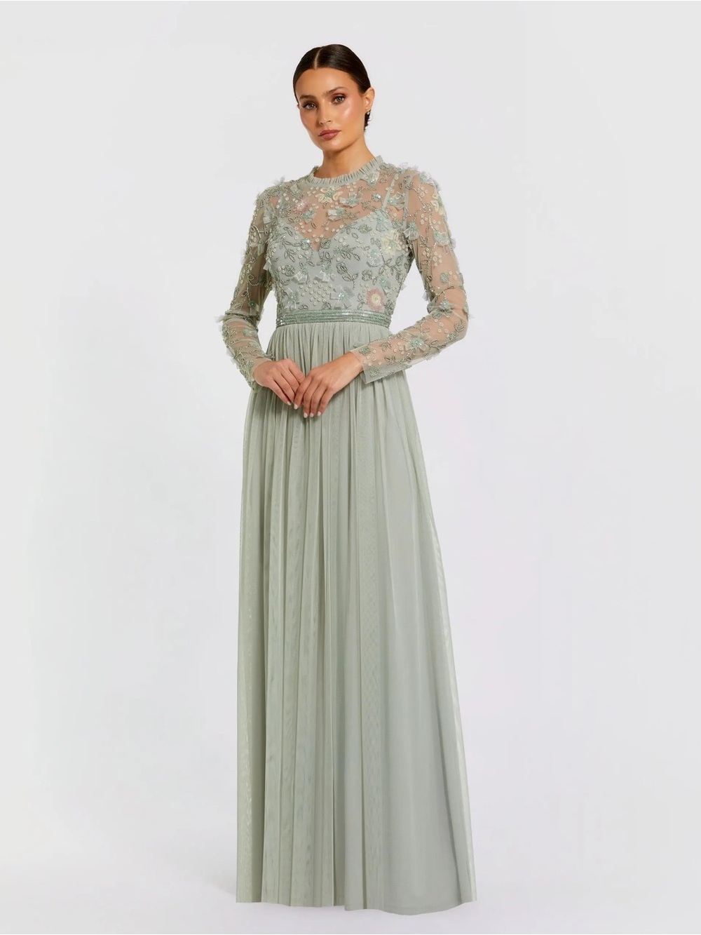 Mac Duggal 9132 Green Embellished Illusion High Neck Long Sleeve Gown Size 8 NWT